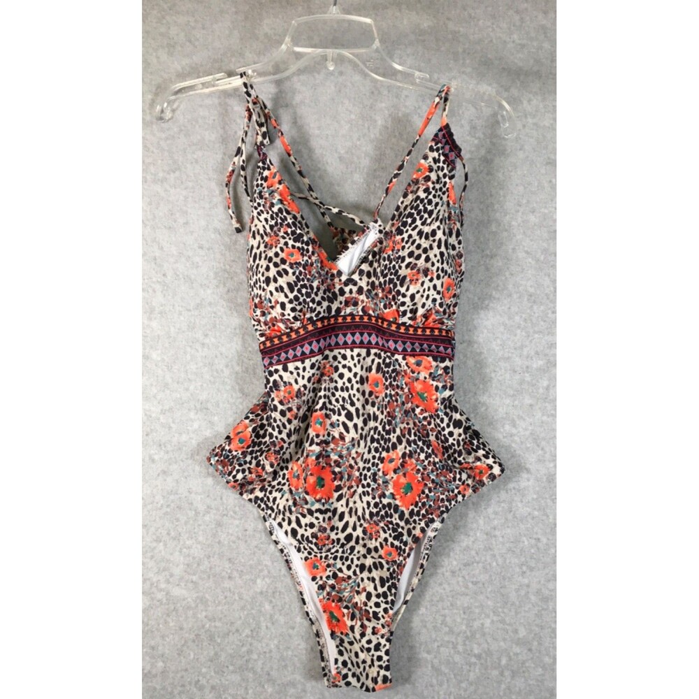 Womens M One Piece Swimsuit Crisscross  V Plunge Neckline Animal Floral Print